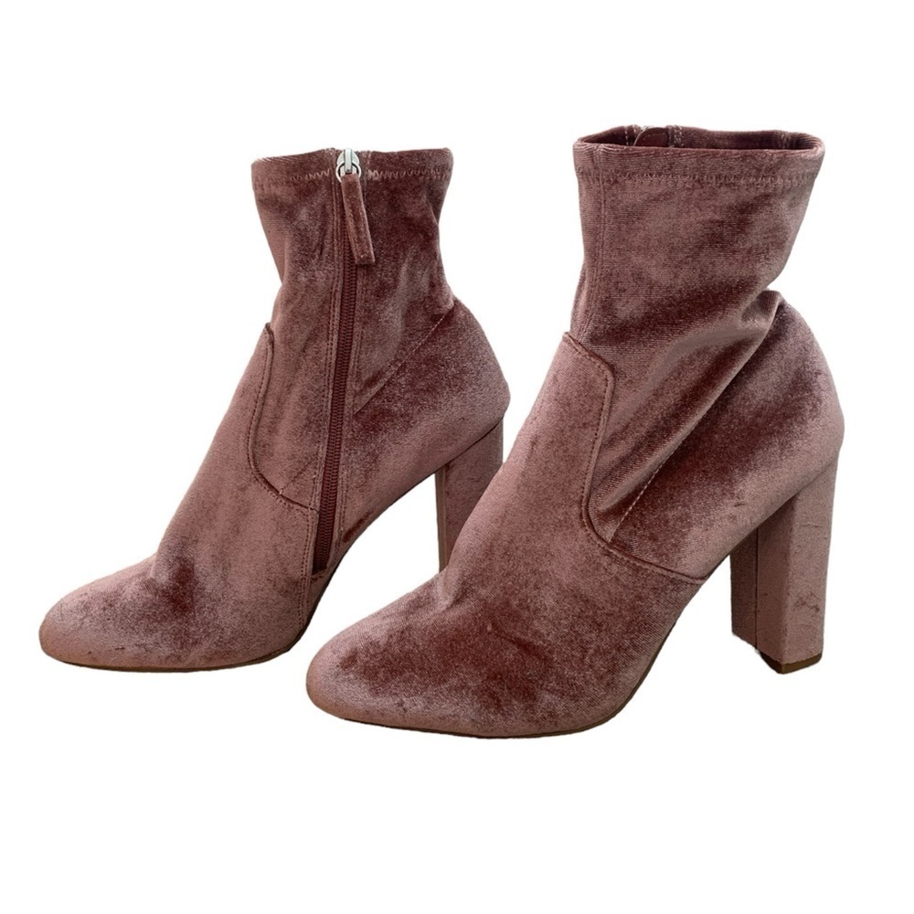 Pink velvet ankle boots chunky heels